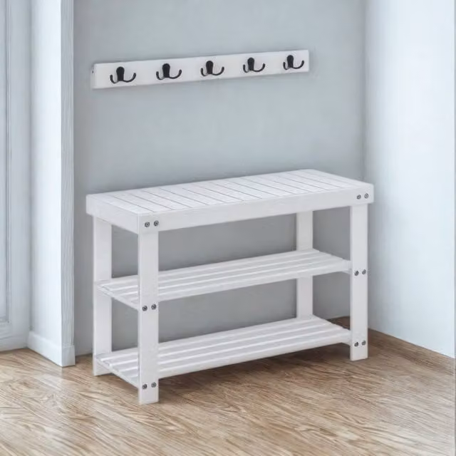 Pirlo Plush 3 Tier Bamboo Hall Tree Bench with Coat Hooks, White