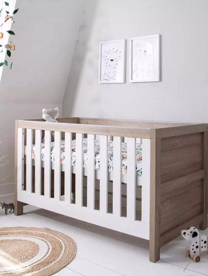 Modena 3 in 1 Cot Bed in White and Oak with 3 Position Base and Drop Side