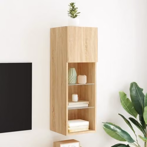 vidaXL Modern Wall Mounted TV Cabinet with Integrated LED Lights and Internal Shelves, Brown, W/D/H: 30.5 x 30 x 90 cm – 2