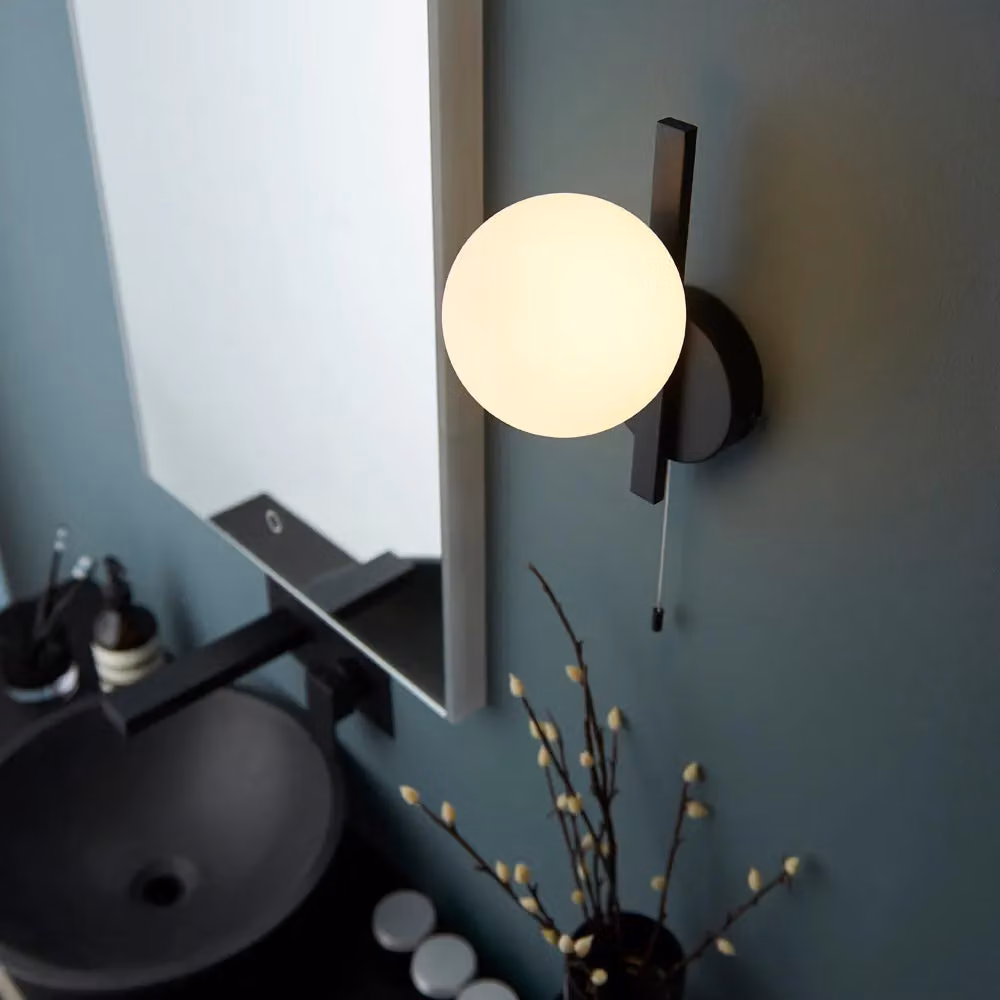 Loops Matt Black Contemporary Bathroom Wall Light with White Opal Sphere Glass Shade IP44 Rated – 3