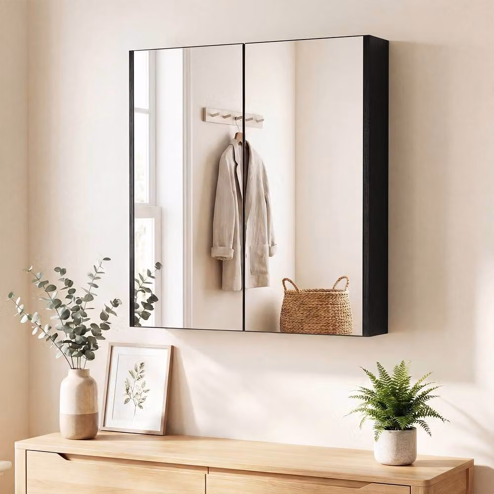 Costway Modern Black Wooden Wall Mounted Bathroom Medicine Cabinet with Mirror and Soft Close Hinged Doors – 4