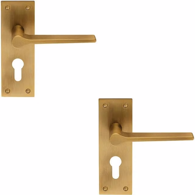 Loops 2x Pair Flat Straight Lever on Slim Euro Lock Backplate, Antique Brass, W: 150 mm, H: 50 mm