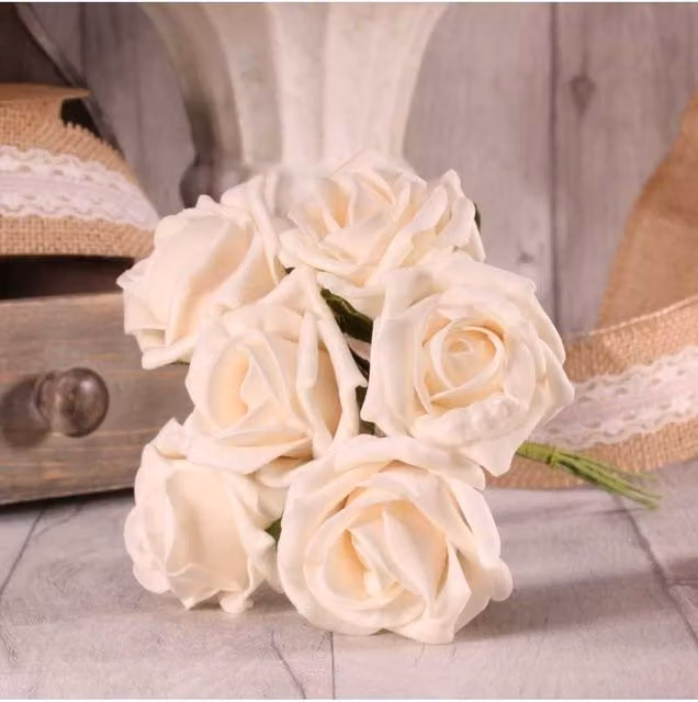 KDMD 4 Pack of White Ivory Foam Tea Roses for Weddings