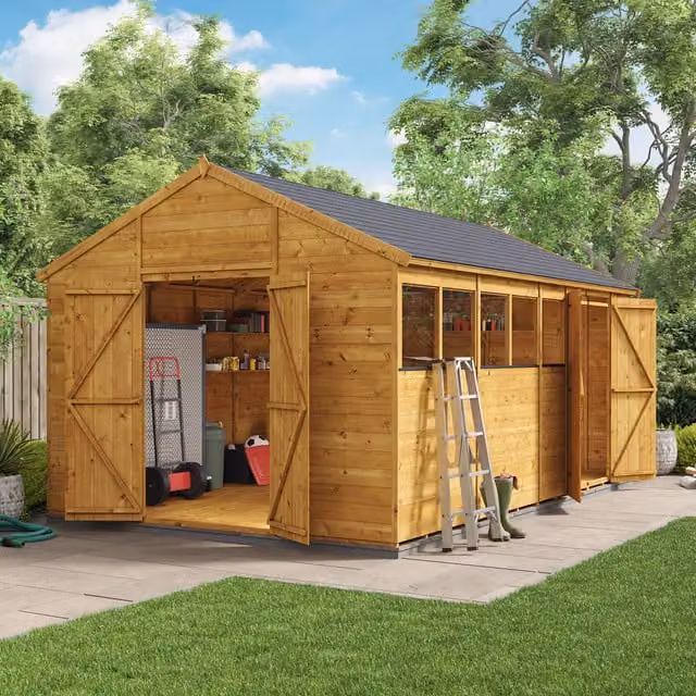BillyOh Rustic Brown Wooden Apex Workshop with Dual Entrance and Windows, 16 x 10 ft