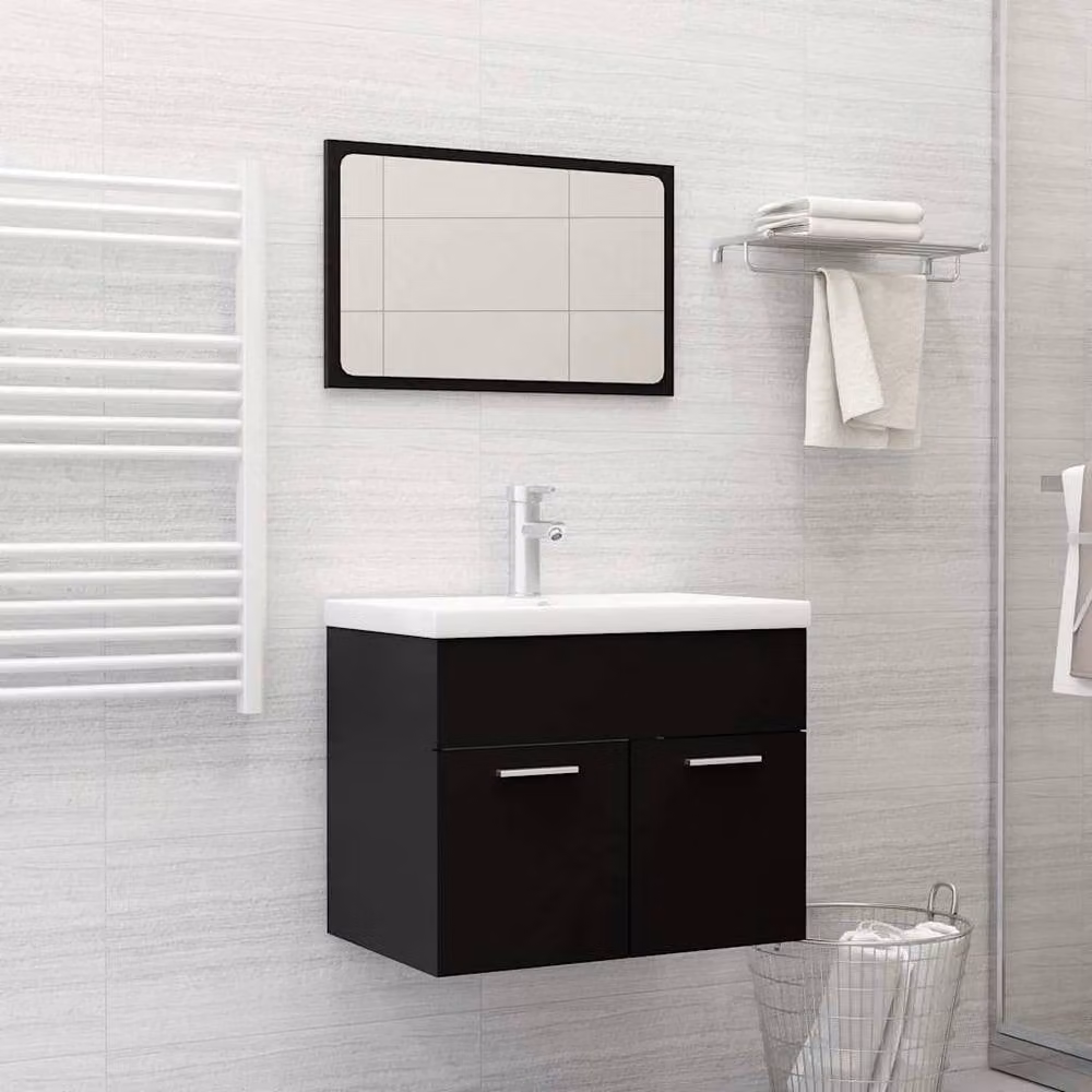 Berkfield Home Modern 2 Piece Black Matt Bathroom Furniture Set with Vanity Unit and Mirror Cabinet – 2
