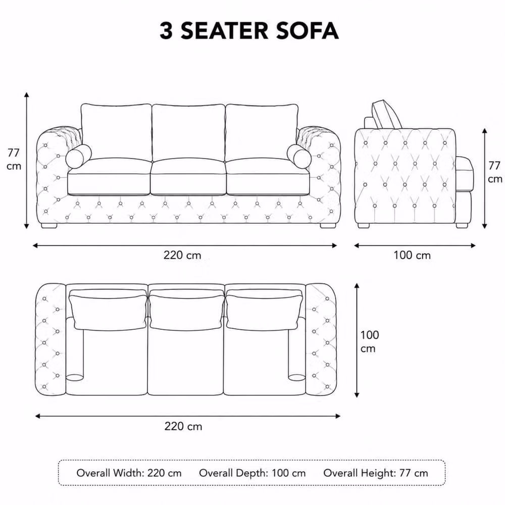 Stratus Interiors Ashley Luxury Chesterfield 3 Seater Fabric Upholstered Sofa in Dark Grey, W: 203.2 cm, D: 76.0 cm, H: 67.0 cm – 2