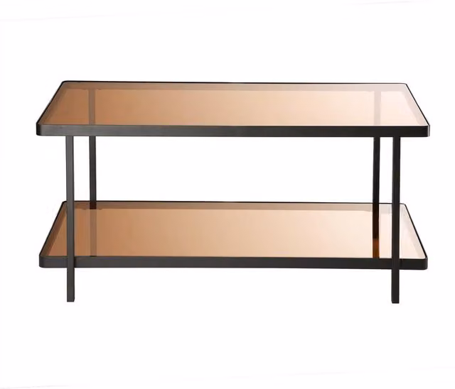 CALICOSY ORA Industrial Rectangular Coffee Table with Black Metal Frame and Smoked Glass Tops, W: 100 cm, D: 50 cm, H: 48 cm