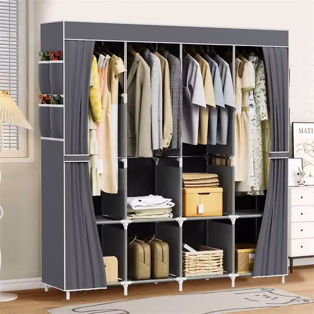 Nordara Grey Large Fabric and Metal Canvas Wardrobe with Hanging Rod and Internal Shelves