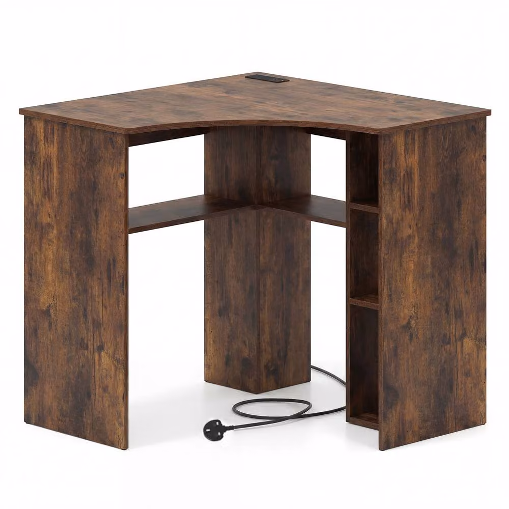 Gymax Brown Triangle Corner Computer Desk with Storage Shelves – 4
