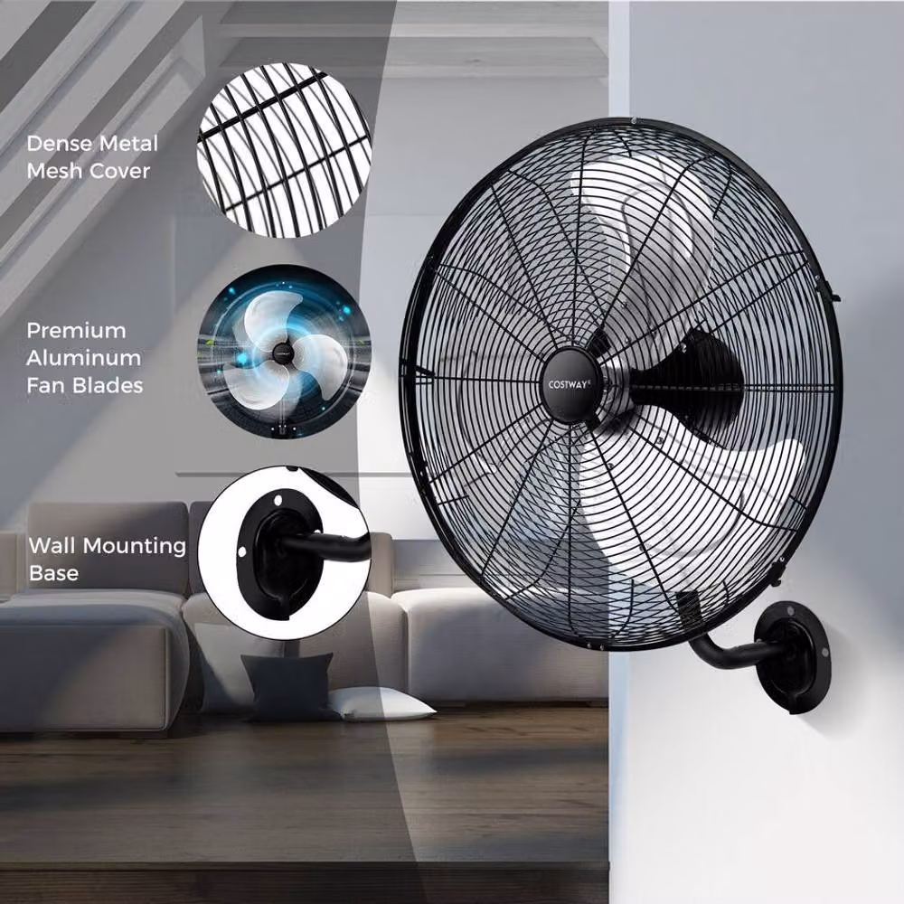 Costway 20 Inch Heavy Duty Metal Wall Mount Fan with 3 Speeds and Oscillation, Black – 6