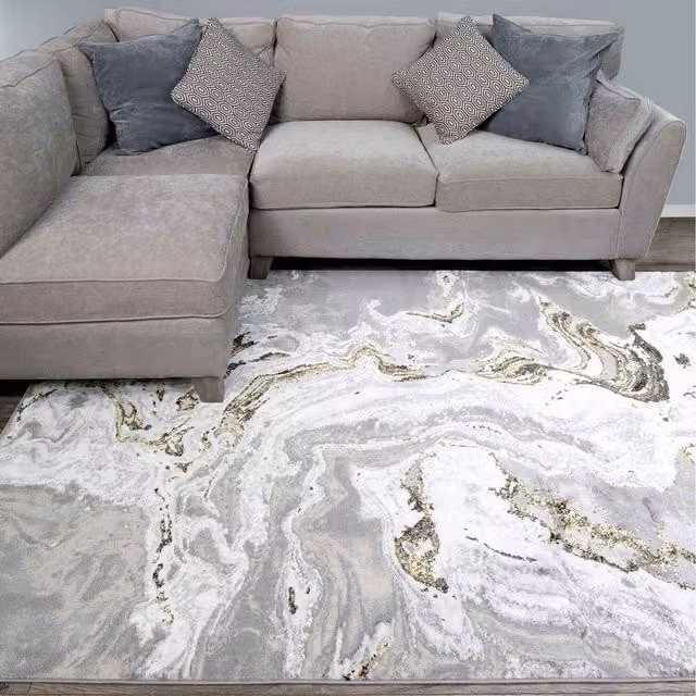 The Rug House Grey and Gold Metallic Distressed Marble Effect Area Rug, W: 150 cm, D: 80 cm