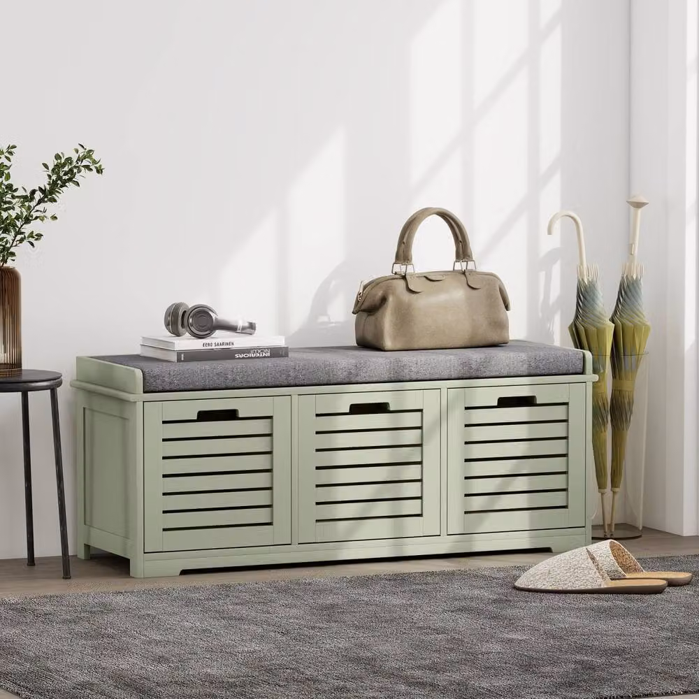 Wyld Haus Dilena Green 3 Drawer Shoe Storage Bench with Grey Padded Fabric Seat – 3