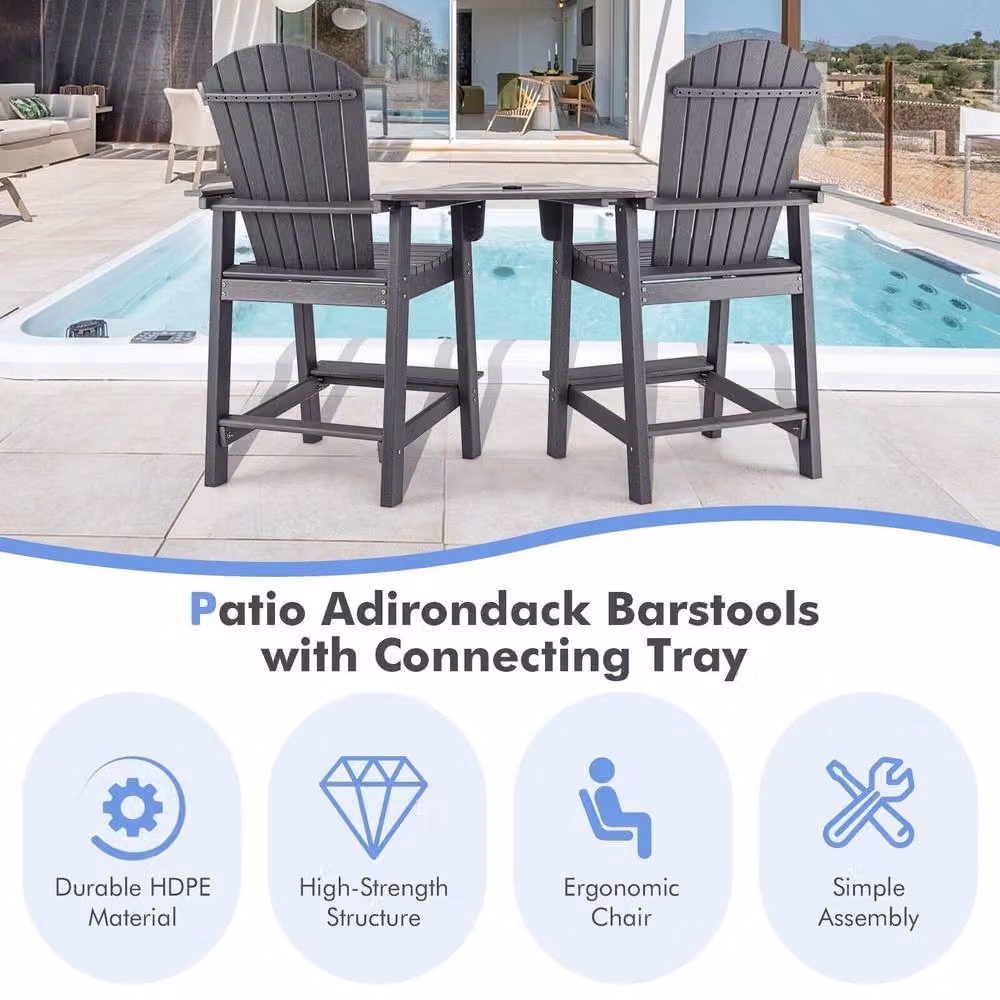 Gymax Grey Adirondack Chair Set with Double Barstools and Middle Connecting Tray – 5