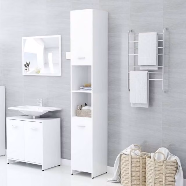 Berkfield Home Modern White Bathroom Cabinet with Hinged Doors and Open Shelf, W/D/H: 30 x 30 x 183.5 cm