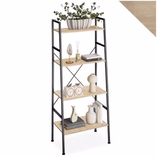 tectake 4-Tier Industrial Ladder Shelf with Steel Frame and Wood-Look Shelves in Black and Light Wood, H 150 x W 61 x D 36 cm