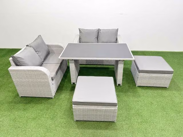 Fimous 5 Piece Outdoor PE Rattan Sofa Set with Cushions and 2 Large Stools in Light Grey