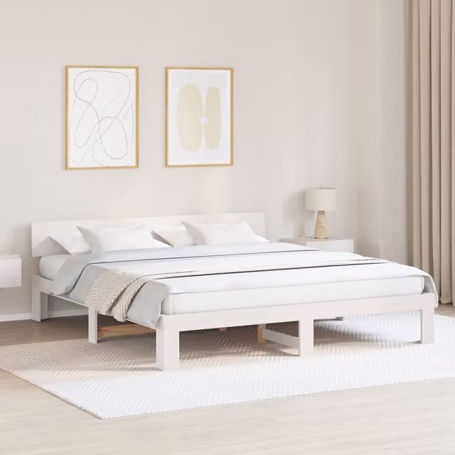 Berkfield Home Solid Pine Wood Bed Frame with Headboard in White, W/D/H: 200 x 200 x 30 cm