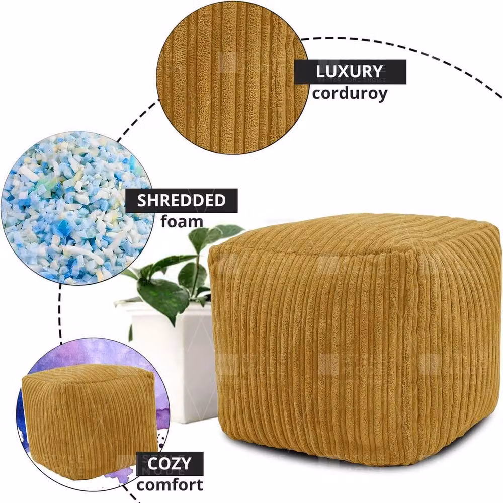 EONLION Mustard Yellow Beanbag Ottoman Footstool with Cord Detail, Diameter: 100 cm – 2