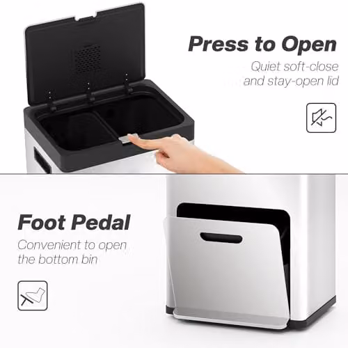 HOMCOM 56L Stainless Steel 3 Compartment Kitchen Pedal Bin with Wheels in Silver – 5