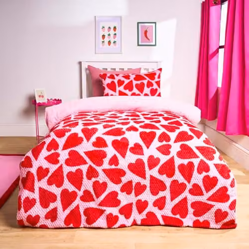 OHS Reversible Waffle Sherpa Fleece Duvet Cover and Pillowcase Set with Heart Print in Pink and Red, W/D/H: 135 x 200 cm