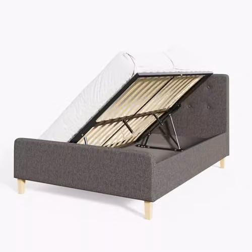 GFW Ashbourne Double Ottoman Bed Frame in Dark Grey Hopsack Fabric with Buttoned Headboard and Lift-Up Storage, H x W x D: 135 x 140 x 206 cm – 1