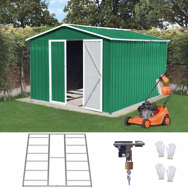 BIRCHTREE Green Metal Garden Shed with Double Doors and Gable Roof