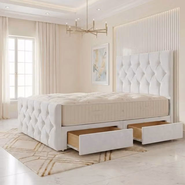 Somnior Ziggy Double Velvet Divan Bed in White with 2 Drawers, Headboard and Footboard, W/D/H: 140 x 200 x 28 cm