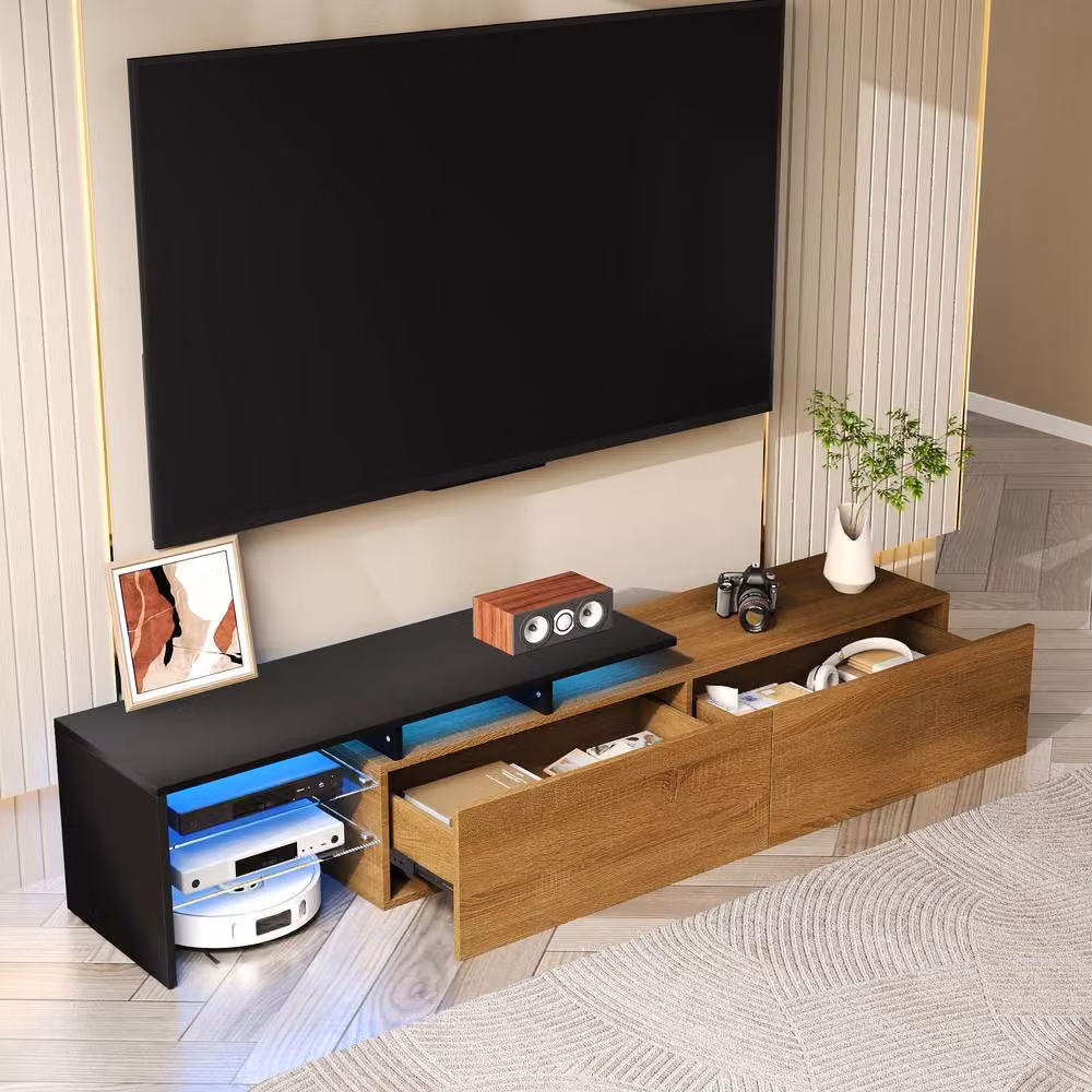 Merax Modern Freestanding TV Cabinet with Integrated LED Lighting and Glass Shelves in Beige, Sand or Brown, W: 170 cm, D: 33.5 cm, H: 33 cm – 3
