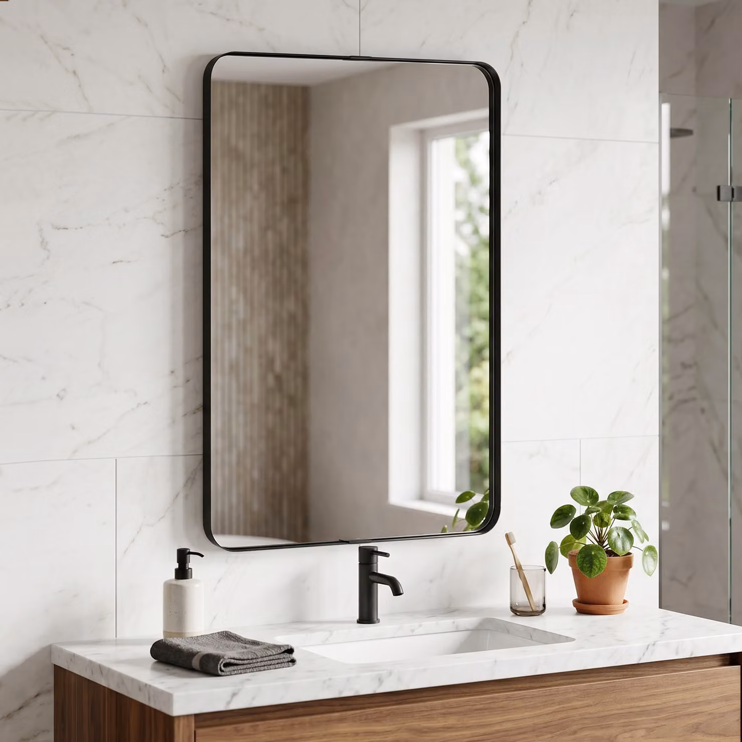 HOMCOM Rectangular Wall Mounted Bathroom Mirror with Aluminium Alloy Frame and Tempered Glass, Black, W: 90 cm, H: 60 cm – 2