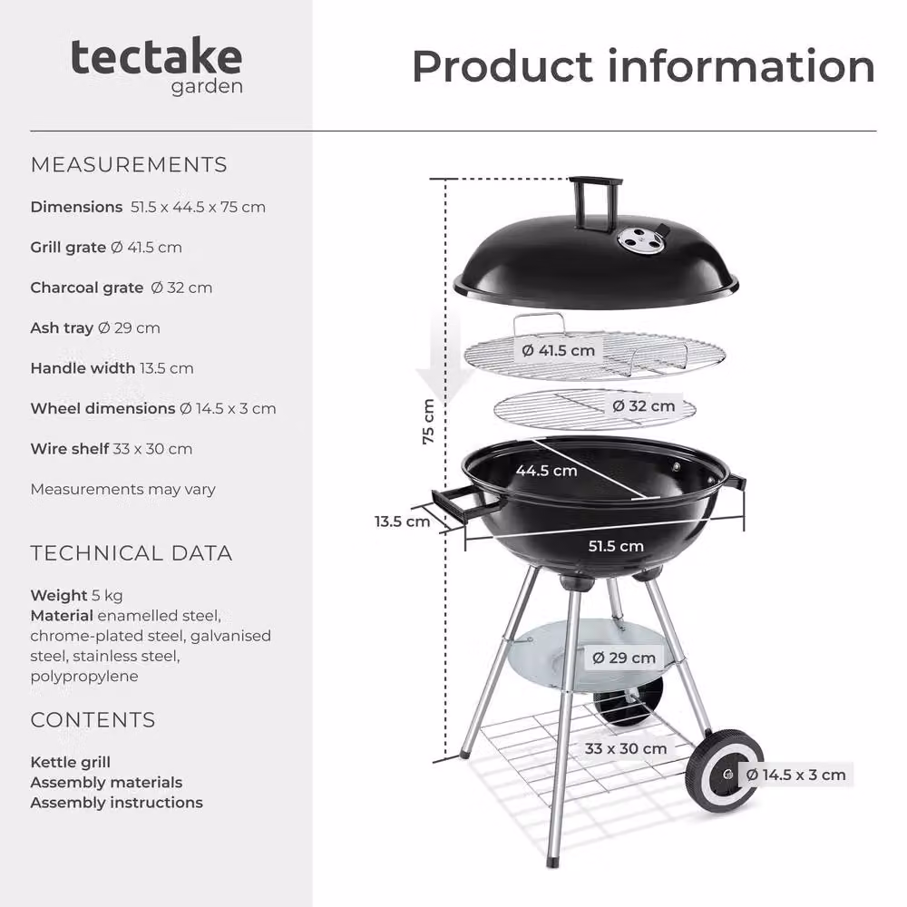 tectake Charcoal Kettle Grill in Black and Multicolour with 2 Wheels and Removable Ash Tray, Diameter: 41.5 cm – 6