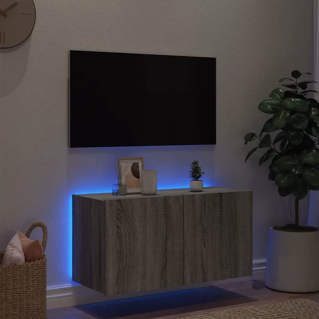 Berkfield Home Modern Wall Mounted TV Cabinet with Integrated LED Lights in Grey Sonoma, W: 80 cm, D: 35 cm, H: 41 cm – 3