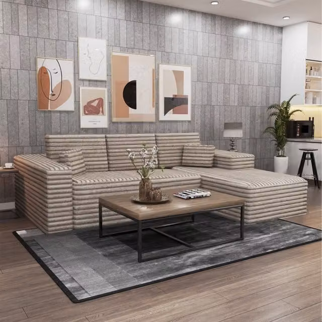Modern L-Shape Corner Sofa in Camel-Brown Fabric, Right-Hand Facing