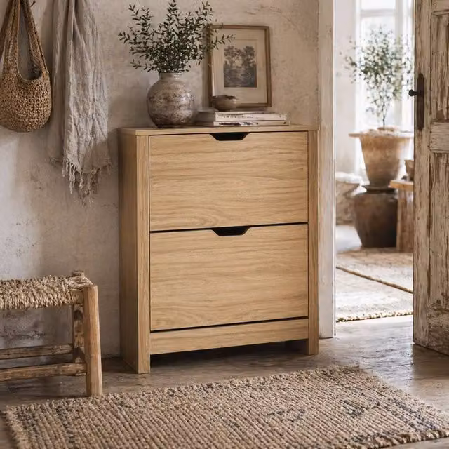 Wyld Haus Sato Rilu Slim Shoe Cabinet in Natural Wood Effect with 2 Flip Drawers, Capacity for 12 Pairs, W/D/H: 80 x 26 x 72 cm – 1