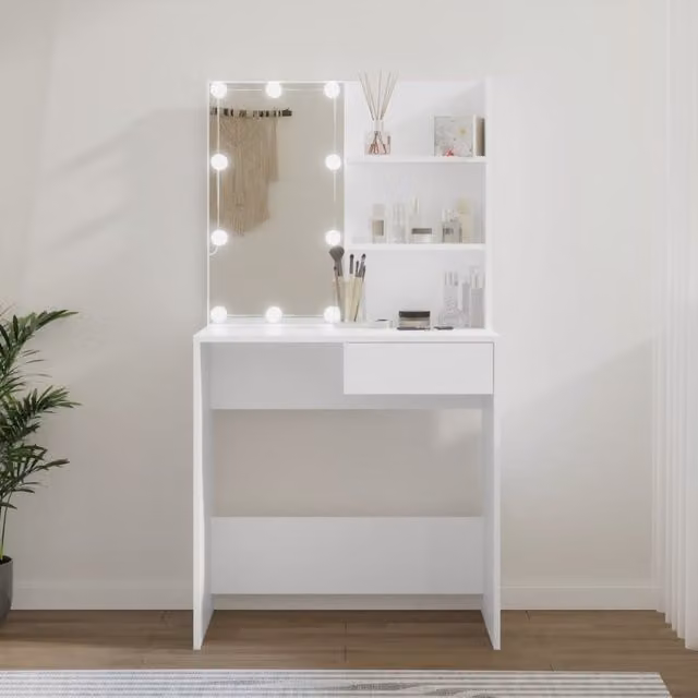 Berkfield Home Modern White Dressing Table with Hollywood LED Mirror, W/D/H: 74.5 x 40 x 141 cm