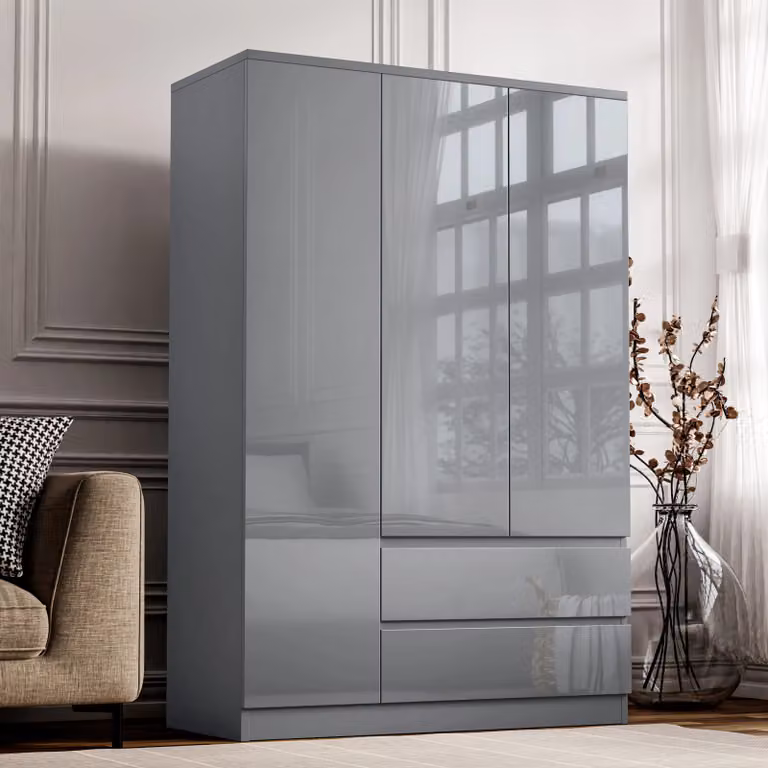 DHS Grey High Gloss 3 Door Wardrobe with Internal Drawers and Shelves, H 180 x W 120 x D 50 cm