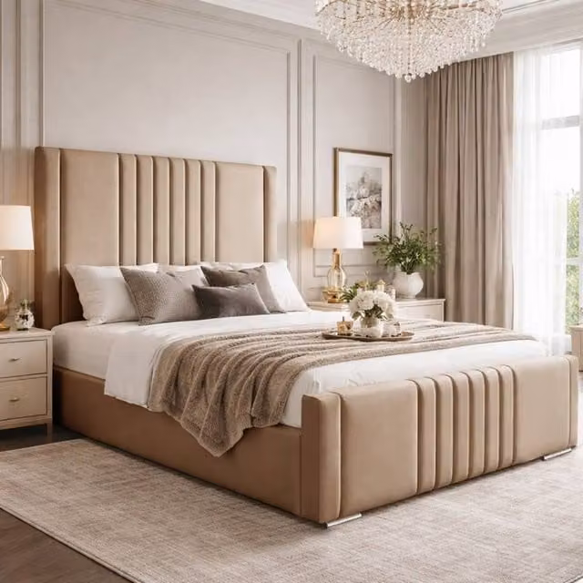 Desire Deco Haisley Upholstered Panel Bed Frame in Beige Plush Velvet, Size: Single (W: 90 cm, L: 190 cm) – 1