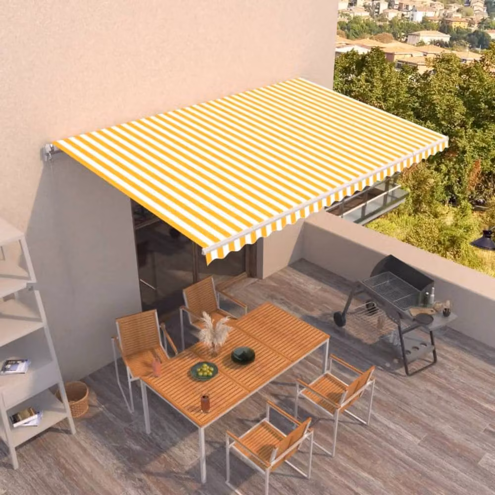 Berkfield Home Manual Retractable Folding Arm Awning in Yellow and White, W: 500 cm, D: 300 cm – 2