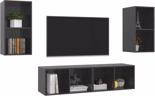 Berkfield Home Set of 4 High Gloss Grey Wall-Mounted TV Cabinets, W/D/H: 72 x 37 x 37 cm – 1