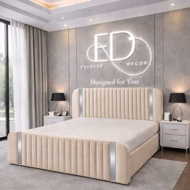 Stratus Interiors Aura Rounded Upholstered Panel Bed Frame with Silver Accents in Beige, W/D/H: 135 x 190 cm, Double