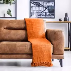 Emma Barclay Waffle Pique Cotton Throw in Orange with Fringes, W/D/H: 178 x 254 cm – 2
