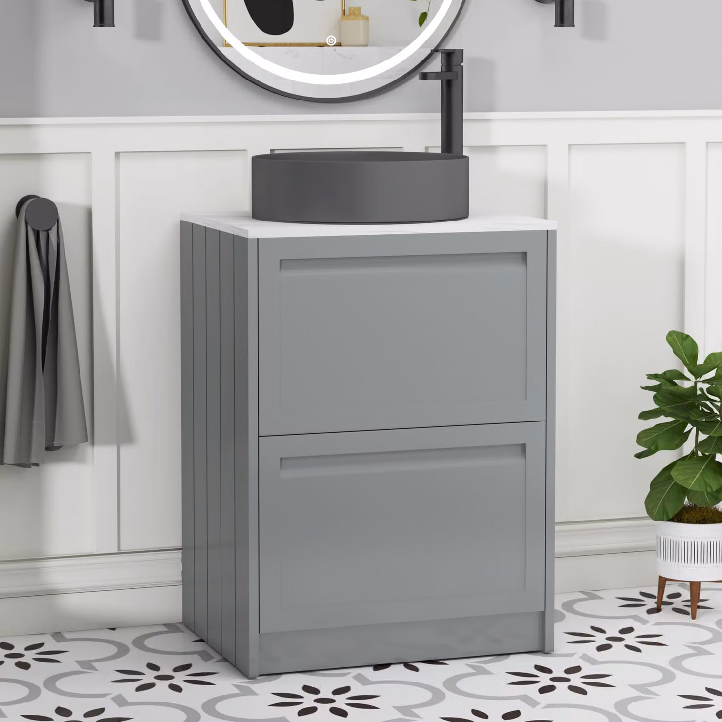 Royal Bathrooms Elmore 600mm Matt Pebble Grey Floor Standing Countertop Vanity Unit with 2 Drawers and White Art Round Basin