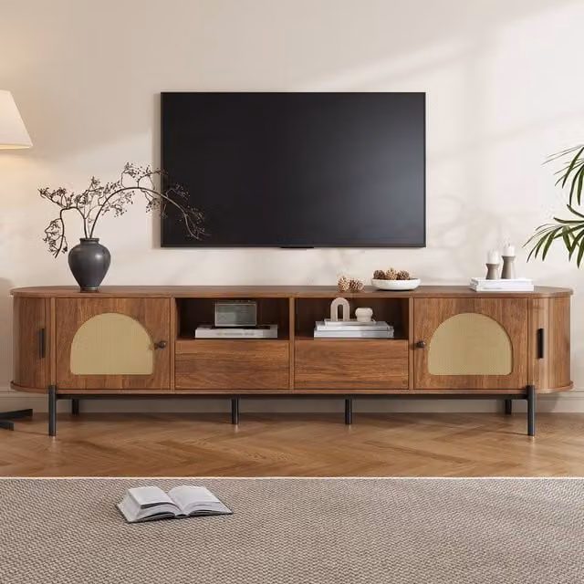 Matteo Rattan Effect Wood Look TV Cabinet in Walnut with Sliding Doors and Drawers