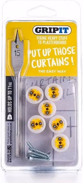 Gripit Yellow 15mm Plasterboard Fixing Curtain Kit with 71kg Max Load – 1