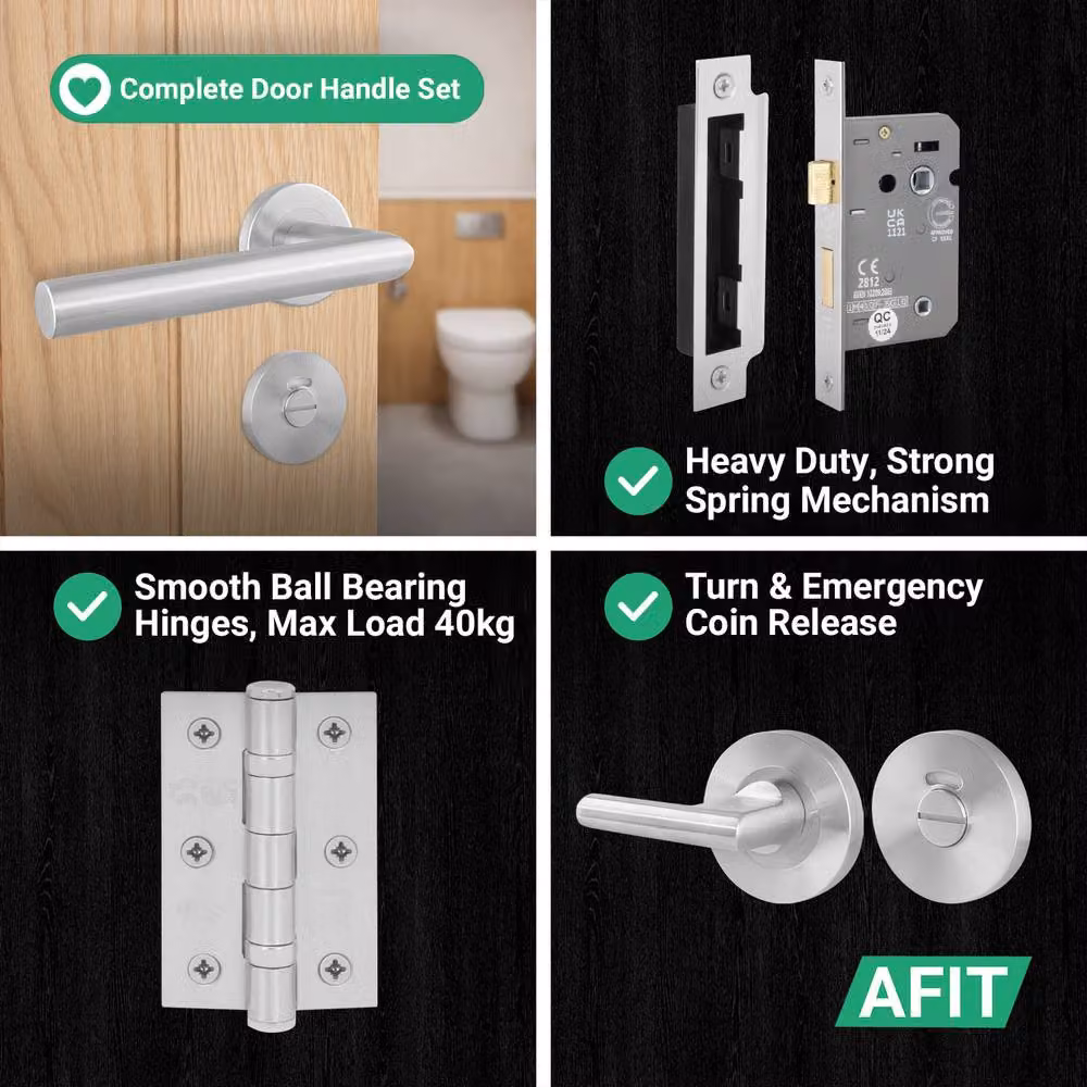 AFIT Silver Satin Lever Rose Bathroom Door Handles with Lock and Hinge Kit, Stainless Steel – 3