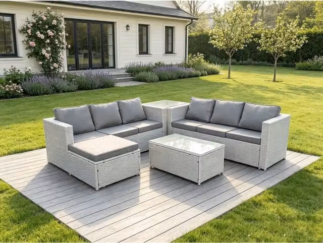 Fimous Grey L-Shape Outdoor Rattan Garden Furniture Set with 2-Seater Sofa, Ottoman, Coffee Table and Cushions