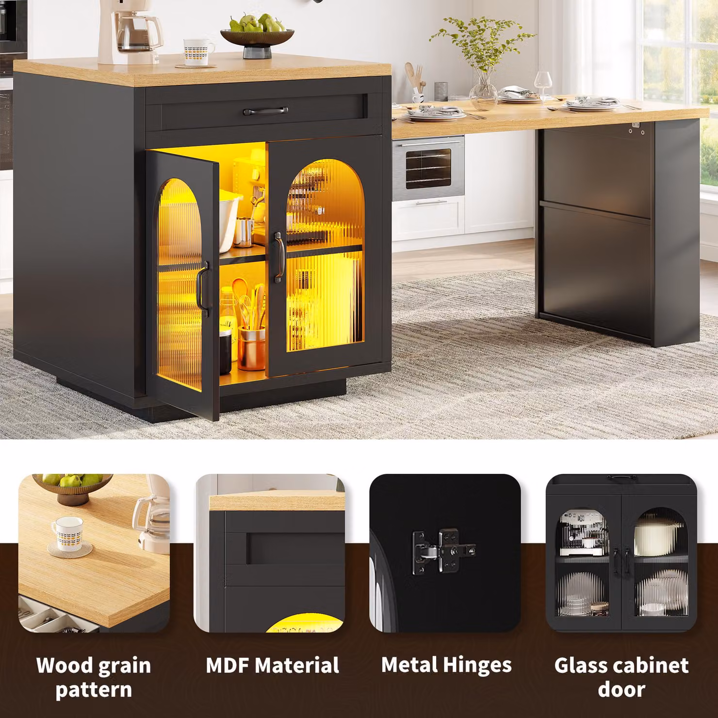Aosom UK Extendable Kitchen Island with App-Controlled RGB LED Lighting in Black, W: 59 cm, D: 59 cm, H: 94 cm (Extendable to 126-196 cm) – 4