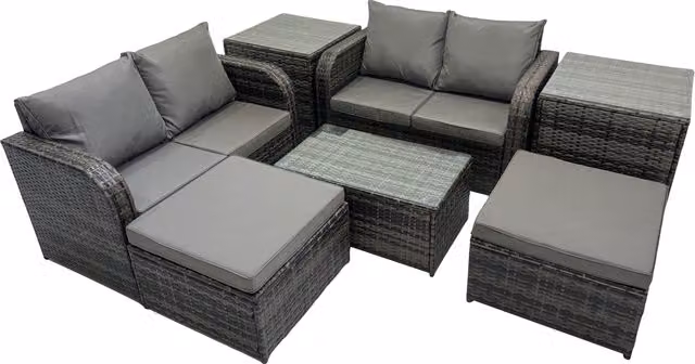 Fimous 6 Seater Outdoor Rattan Furniture Set in Dark Grey with 2 Seater Sofa, Coffee Table and Ottoman – 1