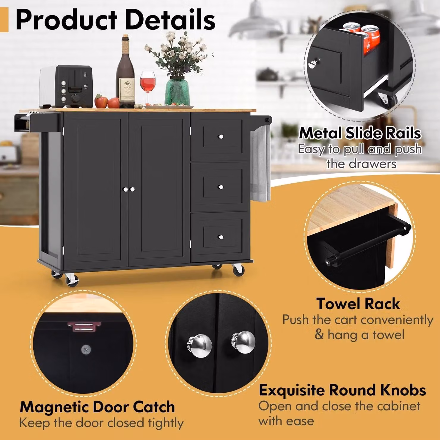 Costway Kitchen Storage Trolley Cart with 3 Drawers and Shelves in Black Matt Wood – 6