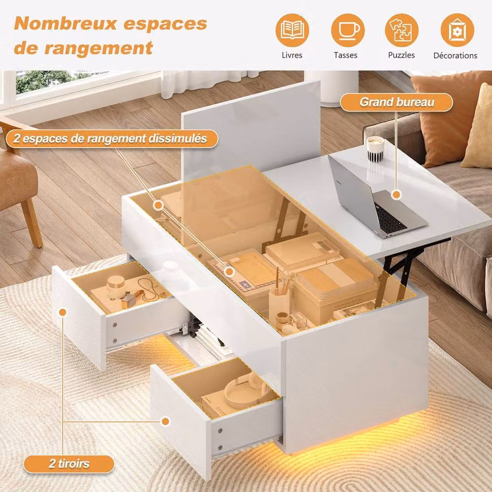 Rolipo Smart Lift Top Coffee Table with LED Lights and Drawers in White Glossy Finish – 3
