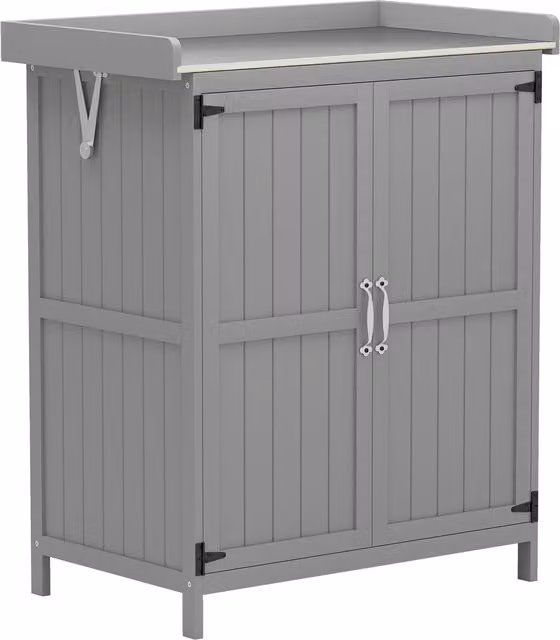 Outsunny Grey Wooden Garden Storage Shed with Double Doors and Shelving, W/D/H: 88.0 x 67.0 x 40.0 cm – 1
